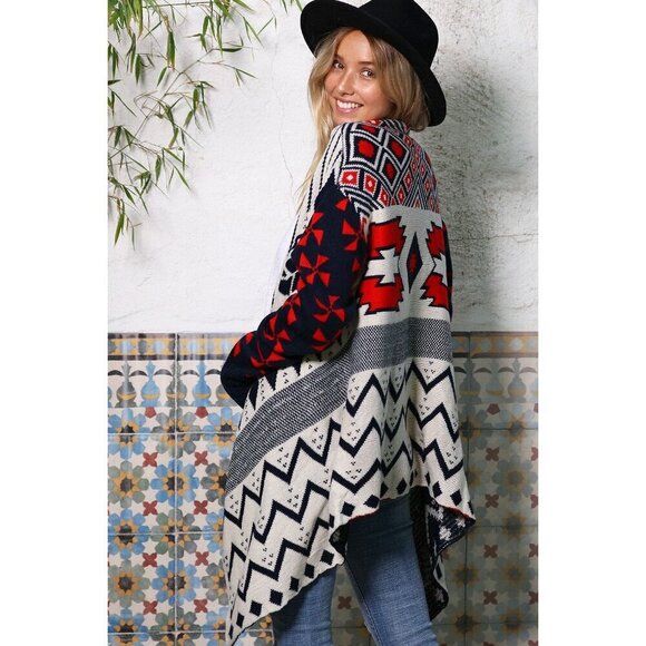 Navy & Red Nordic Pattern Cardigan Sweater - Picture 6 of 7